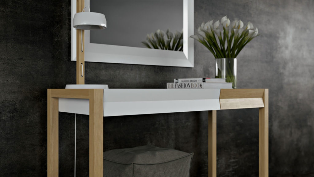 3D render of a white and oak dressing table with a mirror and a stool