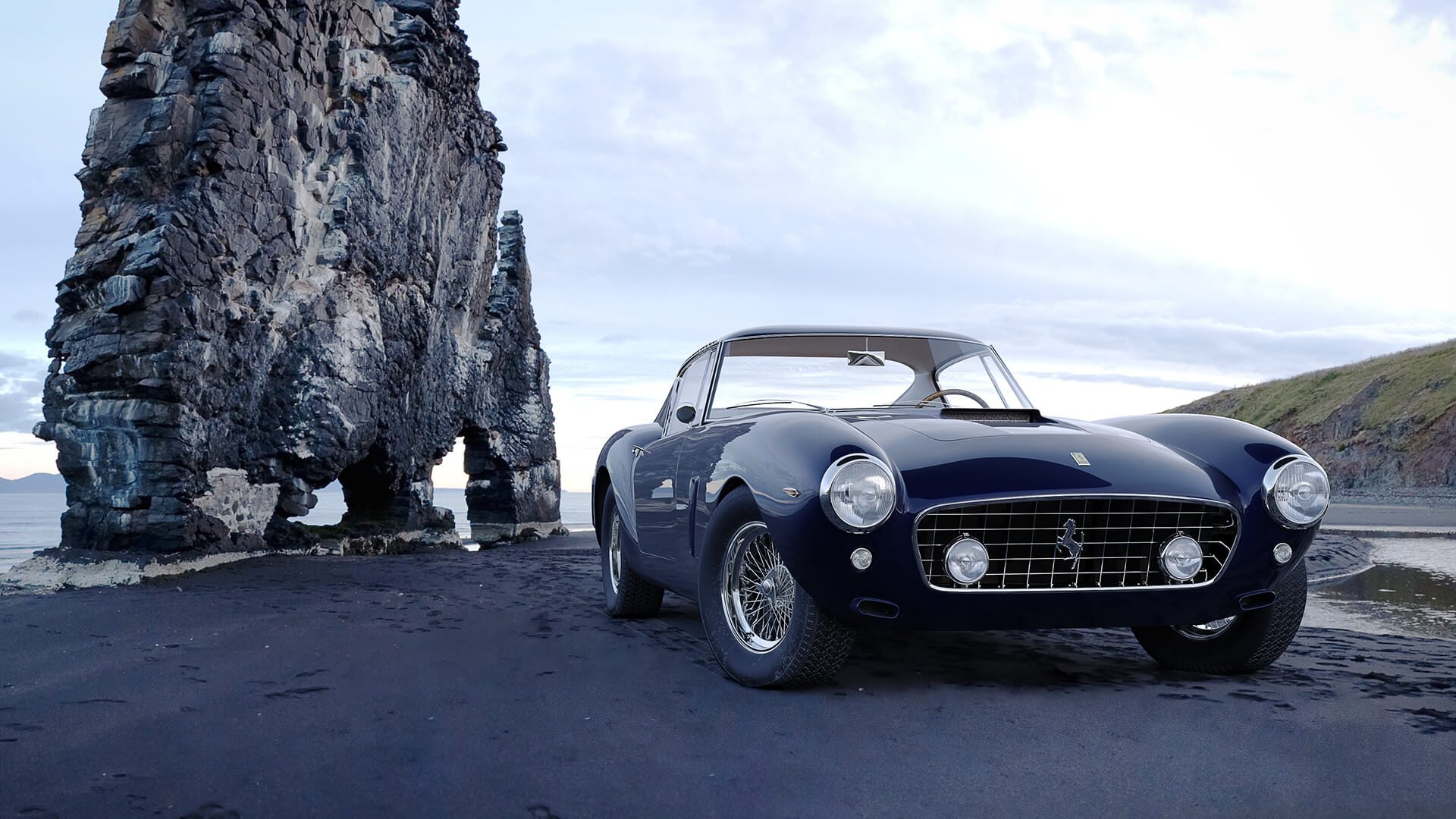Photoreal 3D render of a classic sports car parked on a black sand beach under a cloudy sky