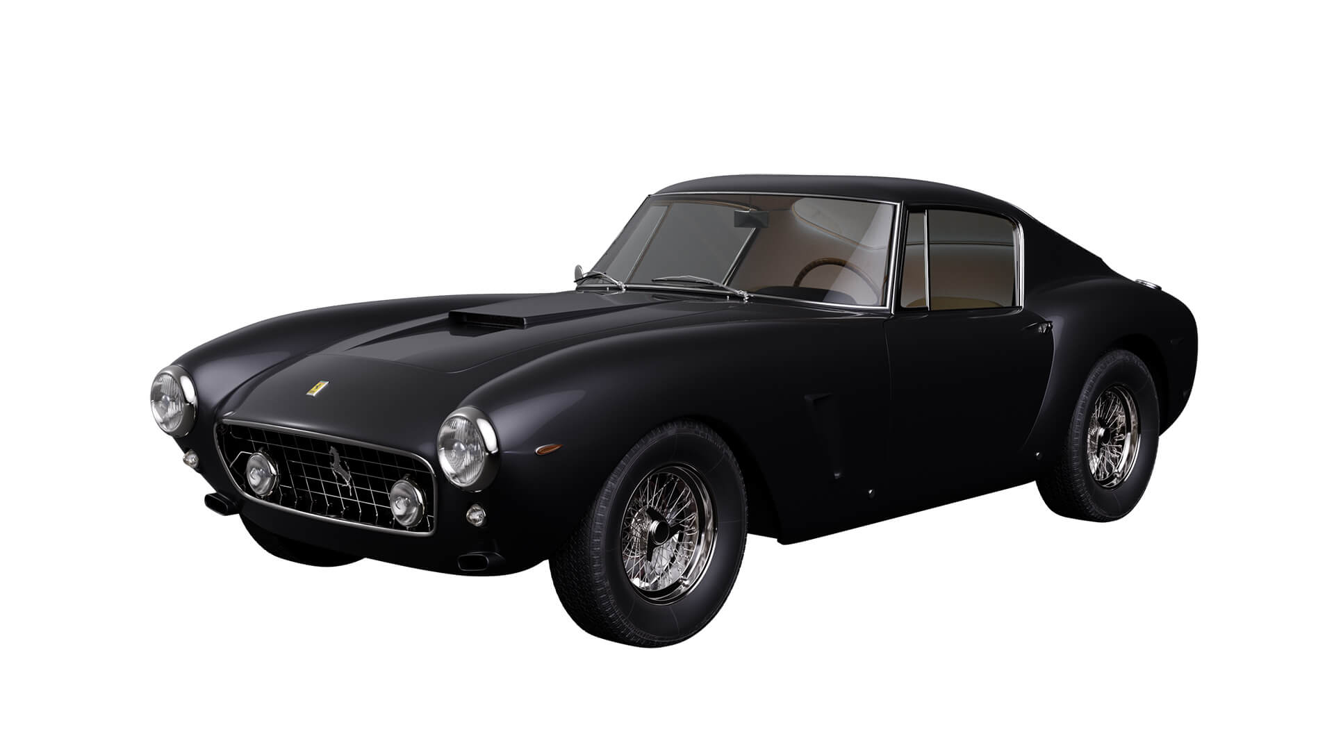 3D render of a black classic sports car on a plain white background