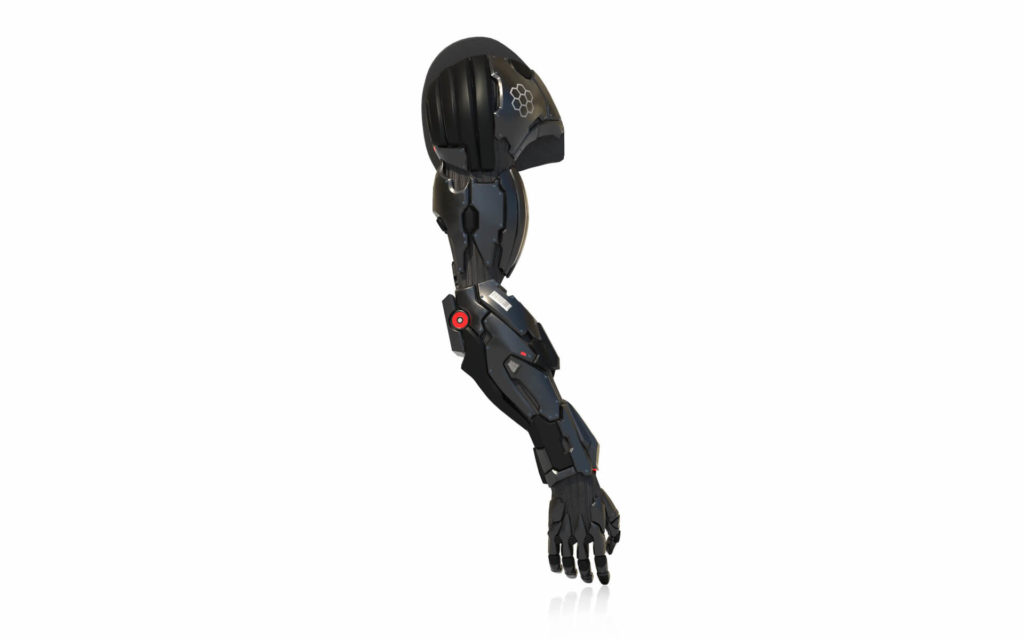 Game ready 3D model of a robotic arm with layered armour panels on white