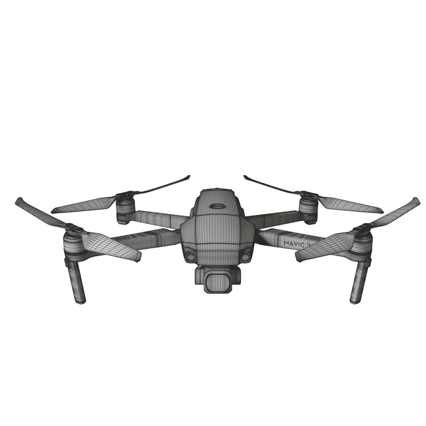 Wireframe view of a 3D drone model showing the mesh of the body, arms and propellers