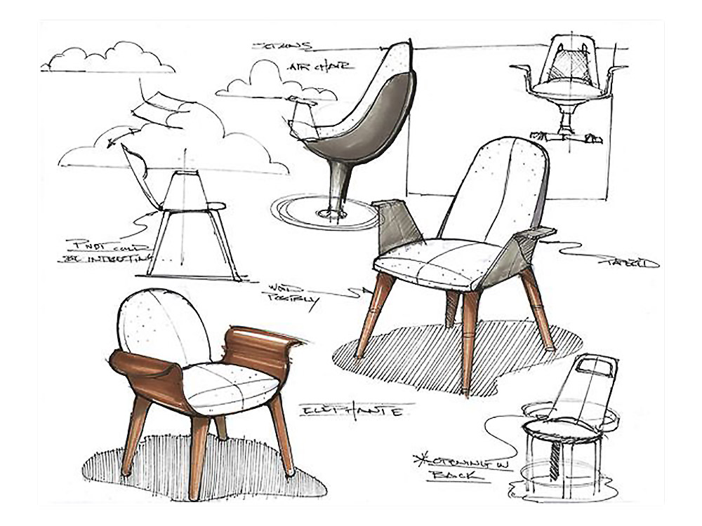 Chair Design Sketch Compared to 3D Product Modeling