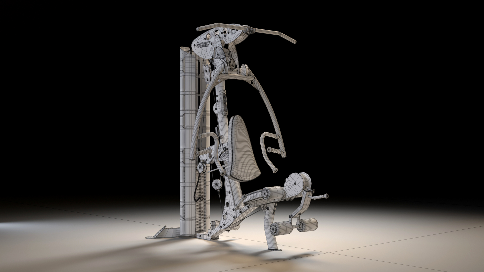 Wireframe of a 3D model of a home gym machine with cables, pulleys and a bench