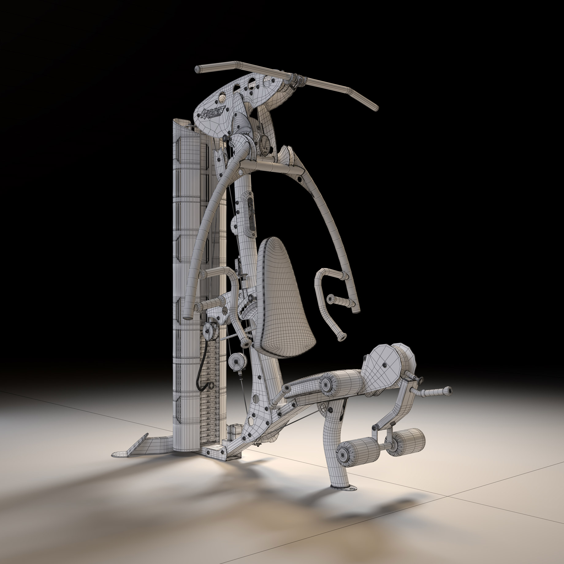 Wireframe of a 3D model of a gym machine with the mesh over the frame, pulleys and pads