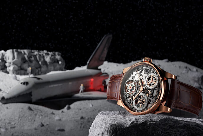 3D Photoreal Visualization Of A Golden Mechanical Watch In Space Environment