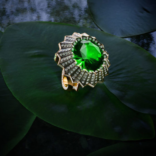 3D Visualization of an Elegant Ring on a Green Leaf