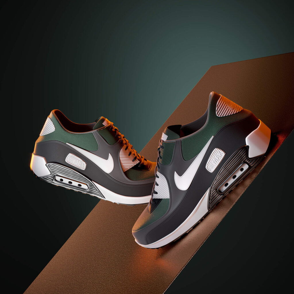 3D render of two sneakers with mesh panels and a moulded sole on a graphic background