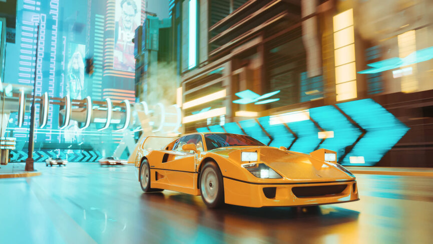 Photorealistic 3D Scene with a Speeding Sports Car