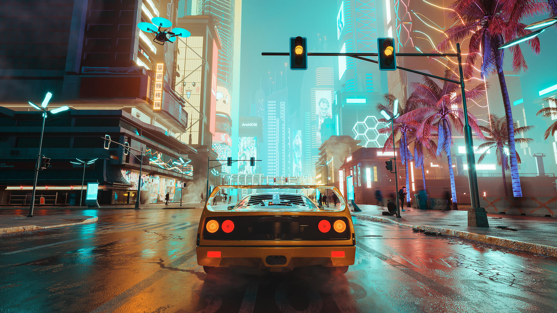 3D render of a neon lit city street at night with a car driving away through wet asphalt reflections