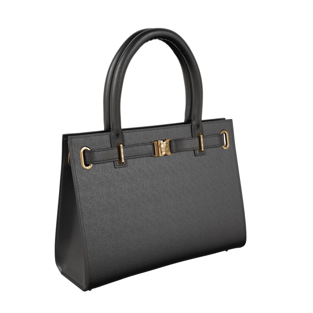 3D render of a black structured handbag with gold hardware on white