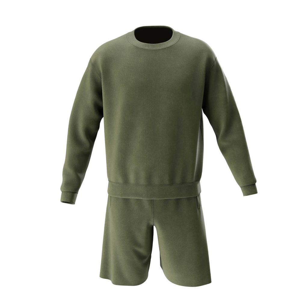3D render of an olive sweatshirt and shorts set on an invisible mannequin against white