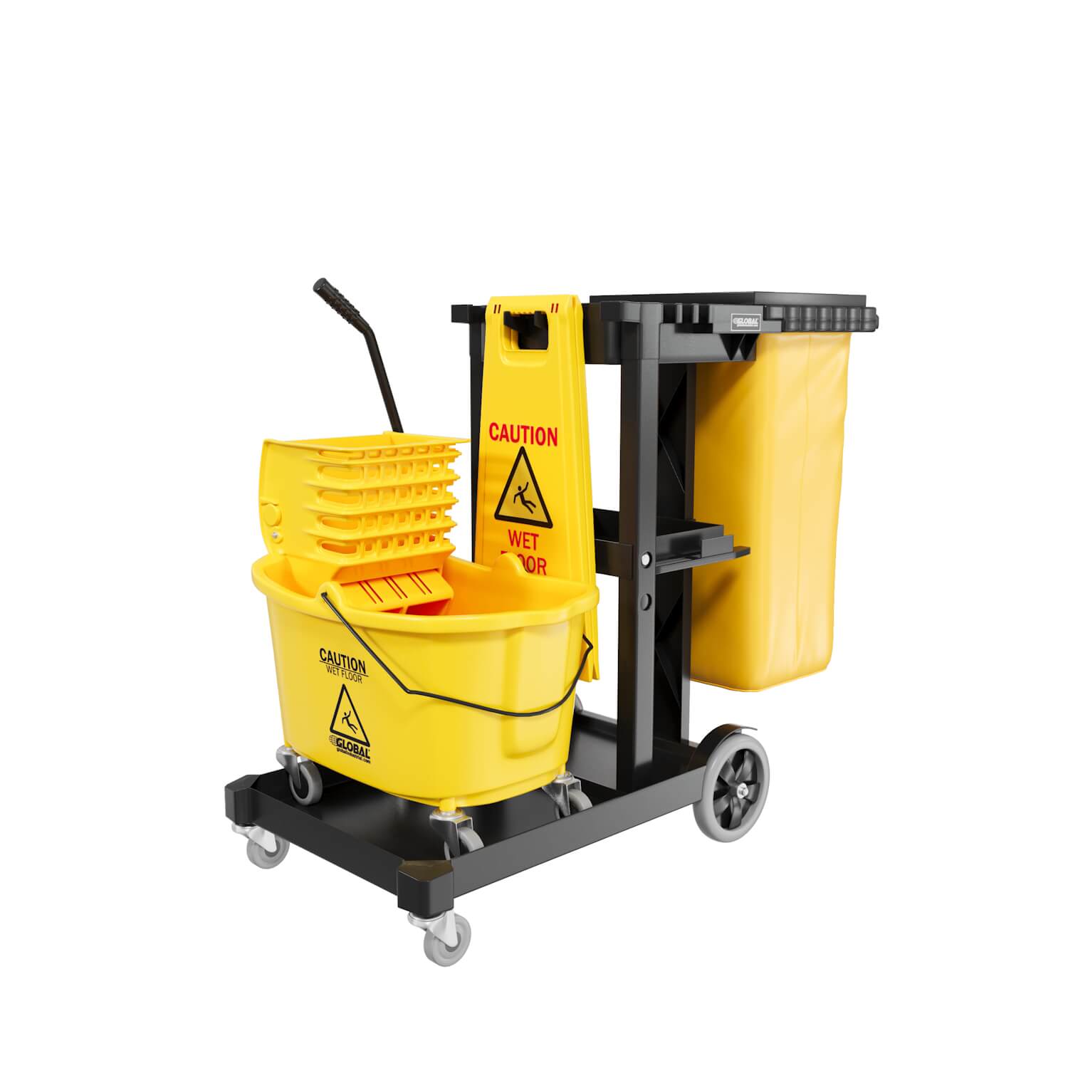 3D silo render of a yellow janitorial cleaning cart with buckets and a mop wringer