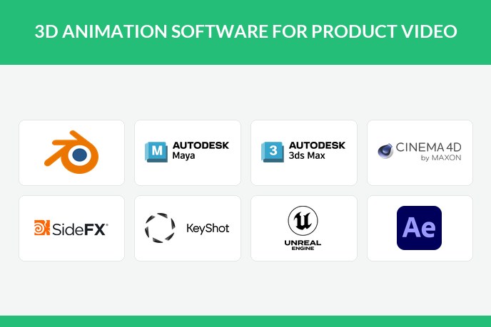 3D animation software for product video: Blender, Maya, 3ds Max, Cinema 4D, Houdini, KeyShot, Unreal Engine and After Effects logos