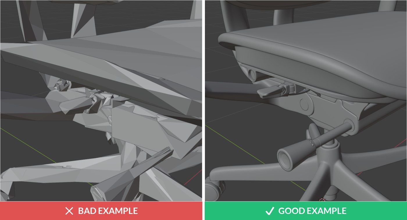 3D model quality issue: broken geometry after CAD export versus clean rebuilt mesh