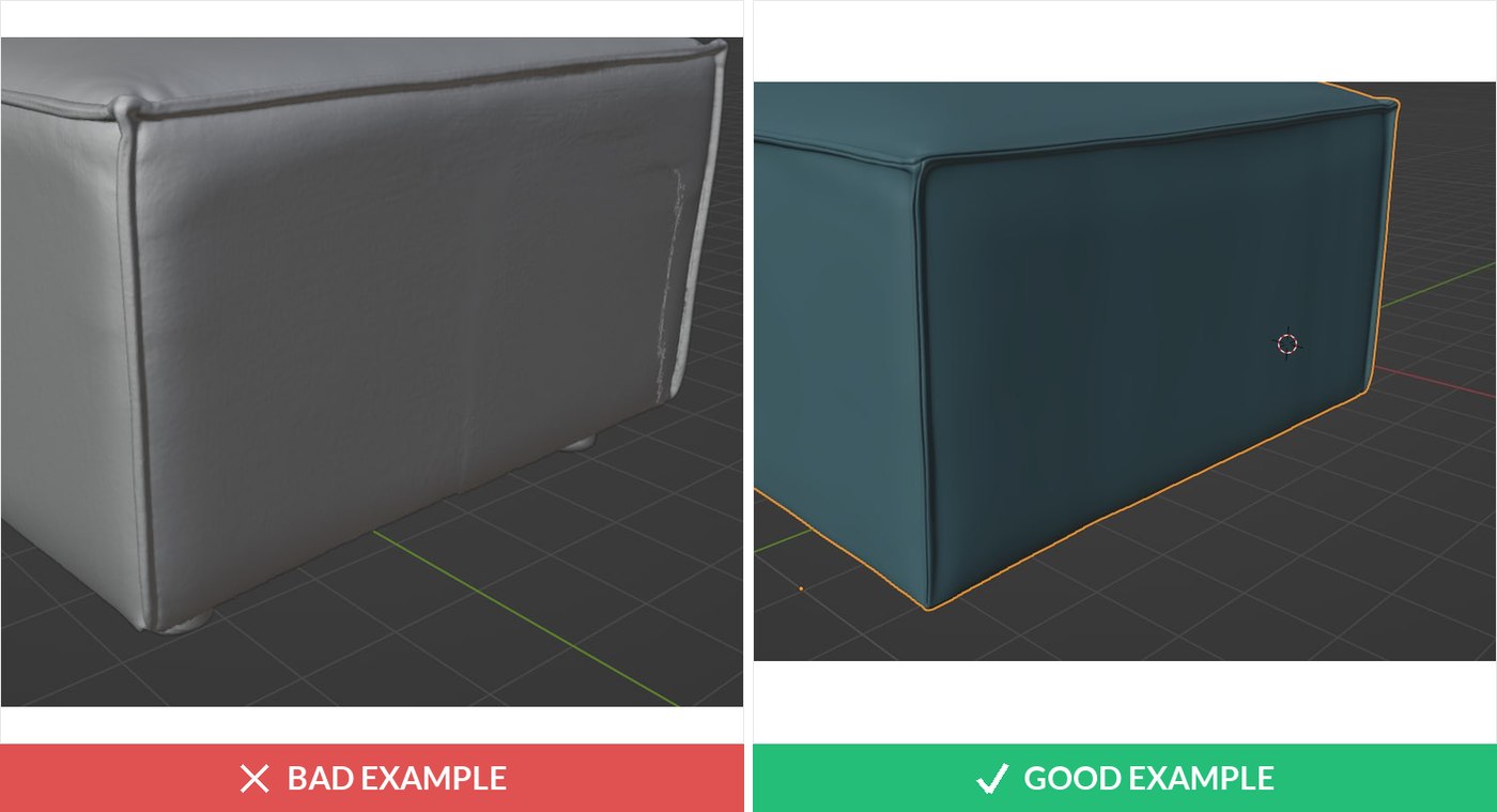 3D scanned model with noisy dense mesh versus clean remodeled version