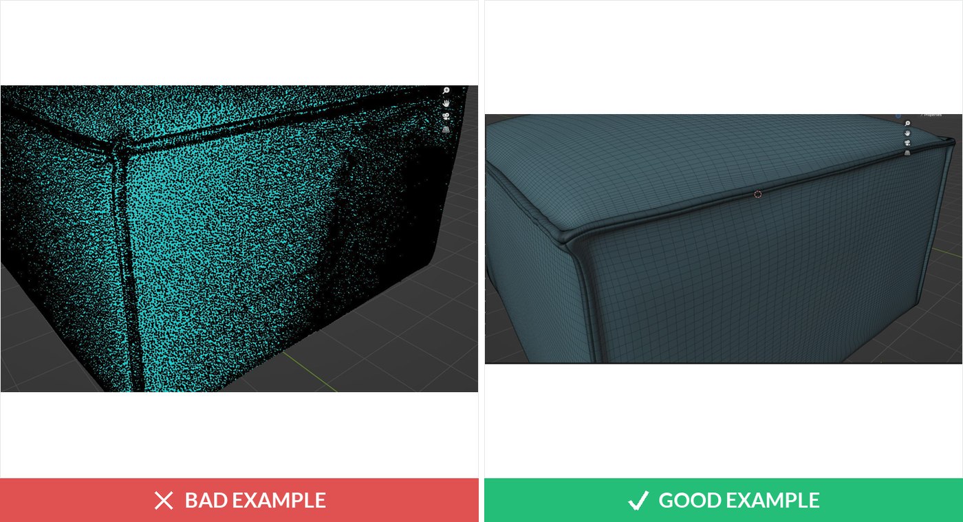 Render comparison: raw 3D scan versus rebuilt product model
