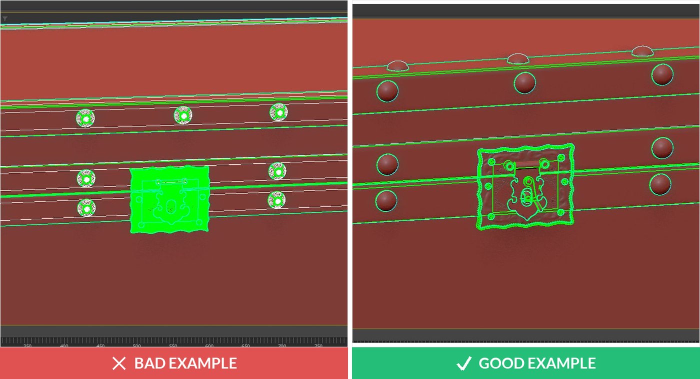 3D model quality issue: broken UV map with stretched textures versus correct unwrap