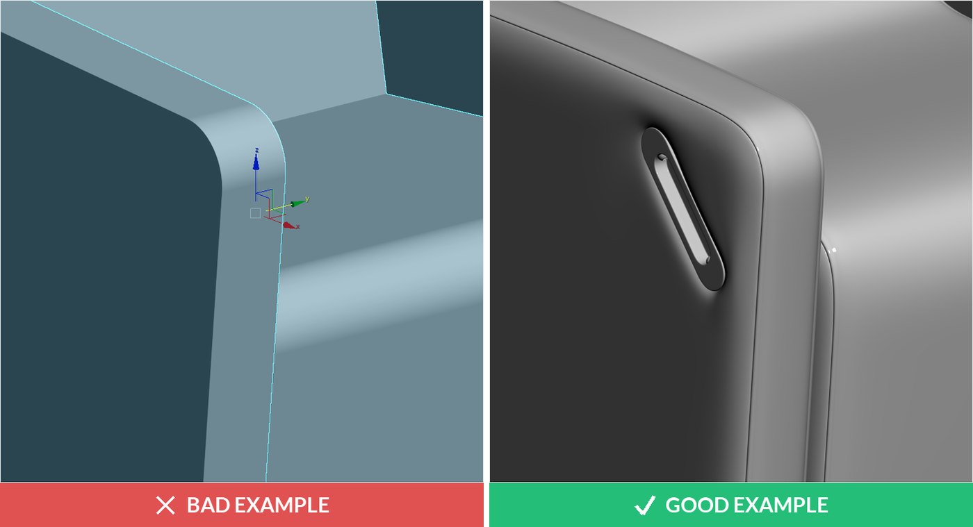 3D model quality issue: low detail model versus fully detailed version with seams and creases