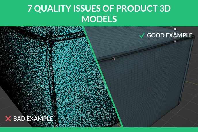3D model quality issues: noisy scan mesh versus clean retopologized model, before and after