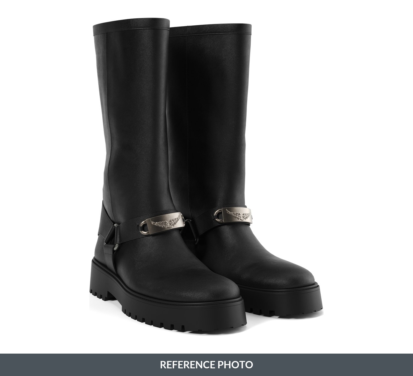Studio photograph of black leather boots used as reference for 3D modeling