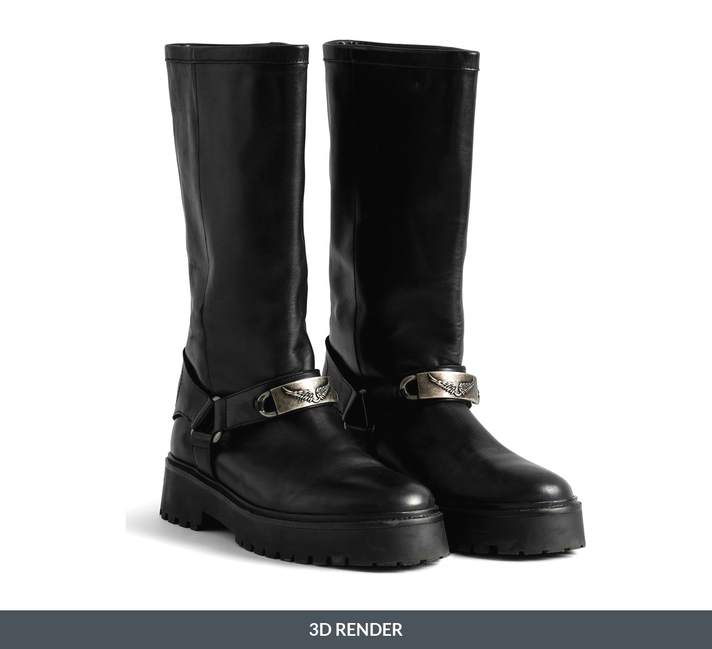 3D render of leather boots on a white background, produced from a 3D model