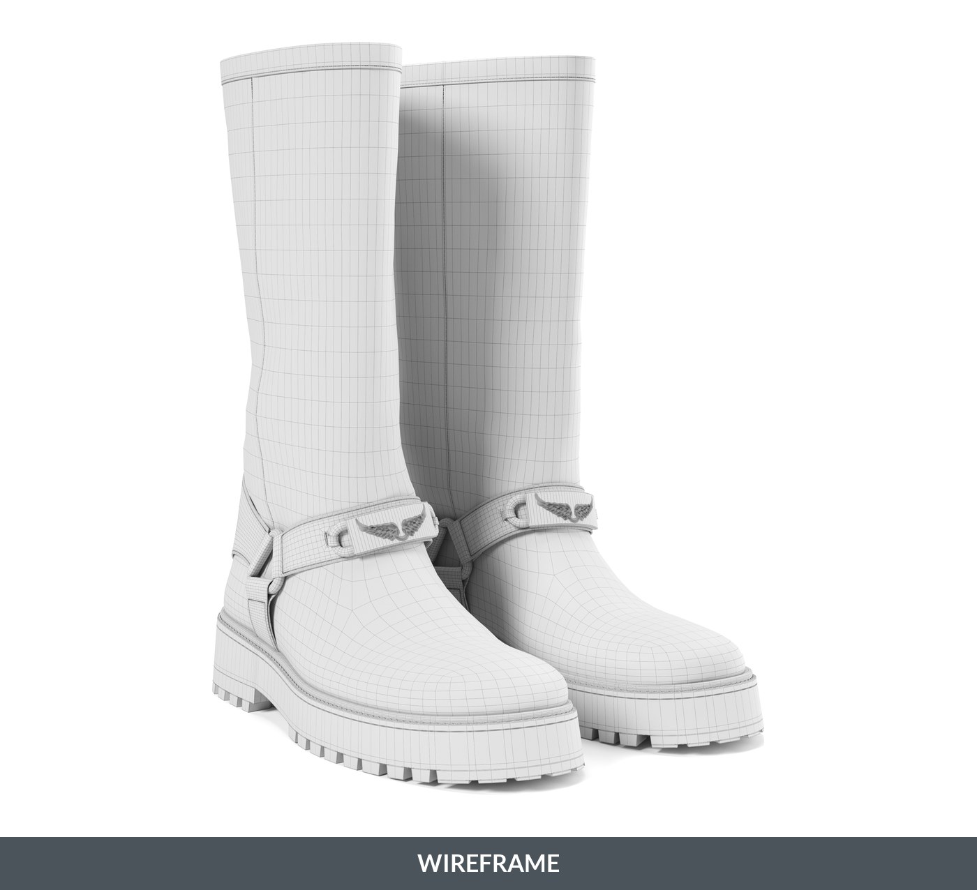 Wireframe of the 3D model of leather boots showing quad topology
