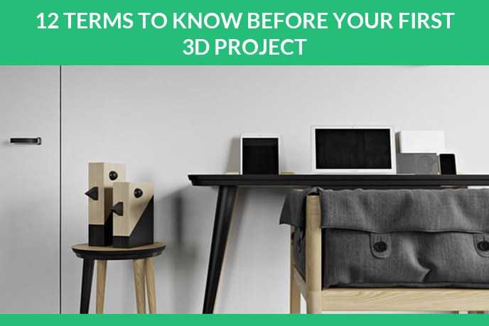3D modeling terms: 3D render of a styled interior with a black desk, tablets and wooden figurines