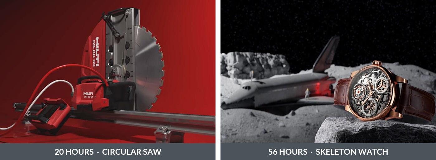 Two product models compared by build time: a circular saw at 20 hours and a skeleton watch at 56