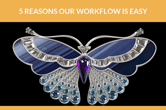 3D modeling workflow: 3D model of a buttrfly-shaped brooch encrusted with gems