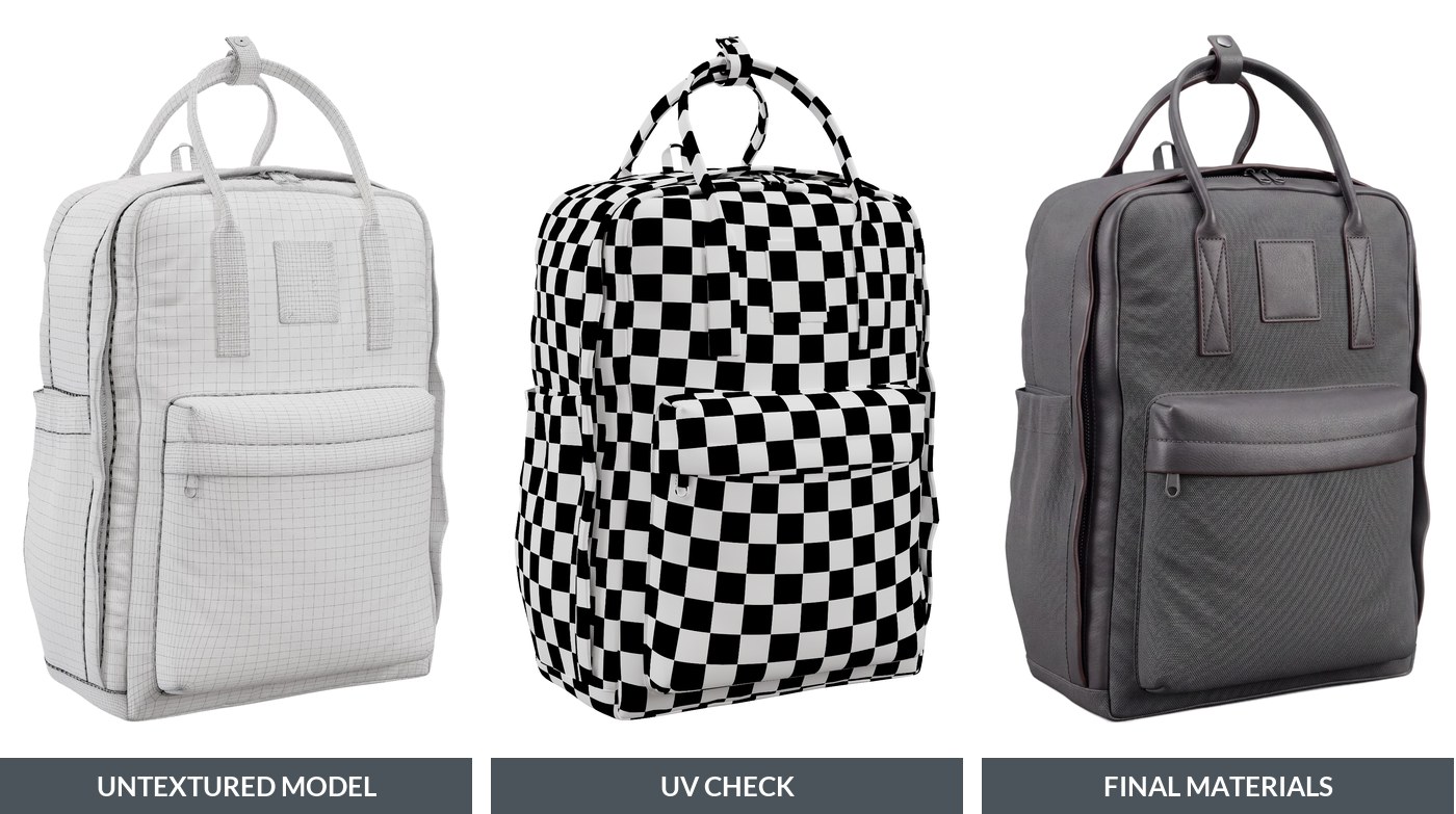 3D model texturing stages: untextured backpack model, UV check with a checkerboard, final materials