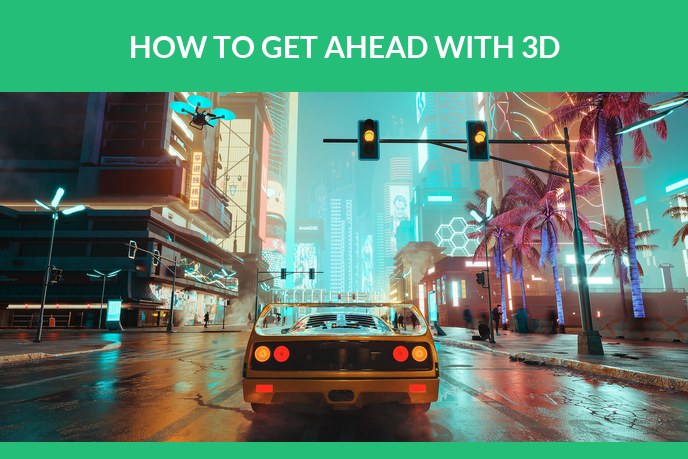 3D solutions: 3D render of a car driving away down a neon lit city street at night