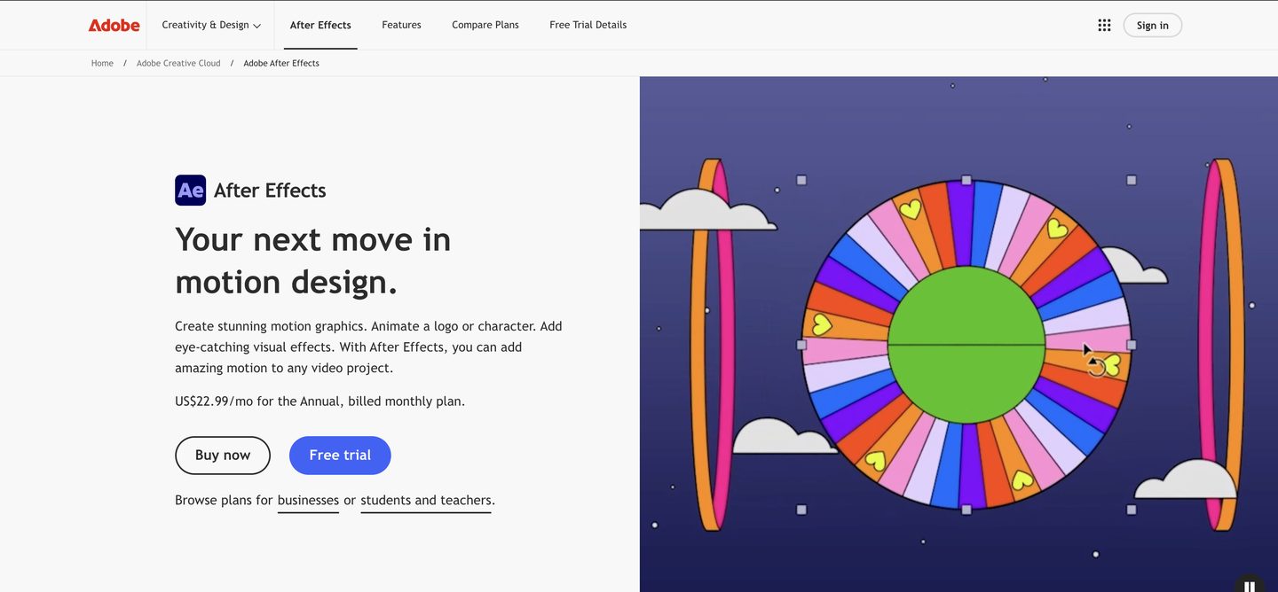 Adobe After Effects product page, motion graphics and compositing software