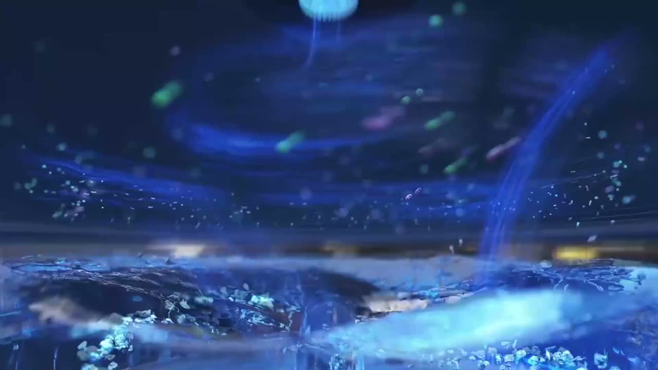 3D animation frame of water and particles swirling inside a lit filtration chamber