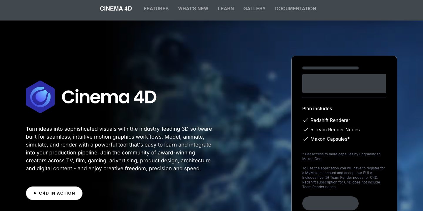 Cinema 4D product page by Maxon, 3D animation software for motion graphics