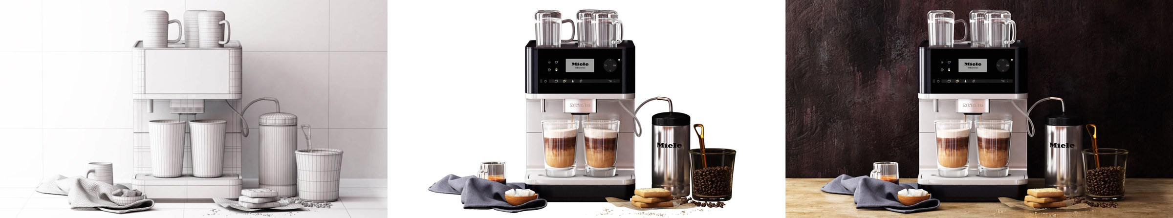 Digital twin workflow: coffee machine 3D model wireframe, studio render and lifestyle ad shot side by side
