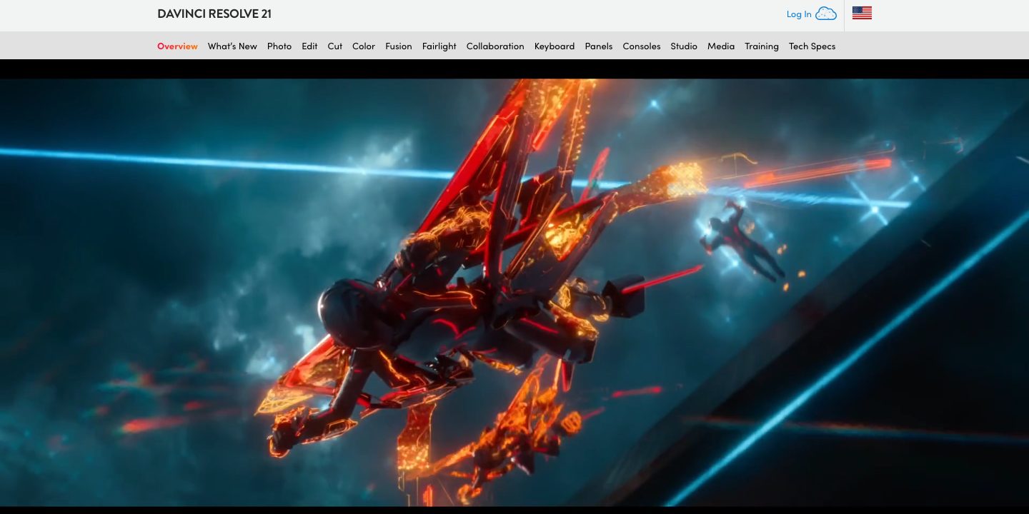 DaVinci Resolve page on the Blackmagic Design website, editing and colour grading software