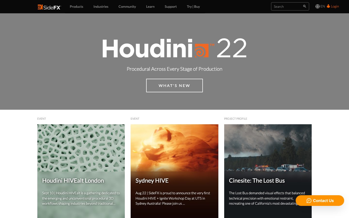SideFX Houdini website, procedural 3D software for simulations