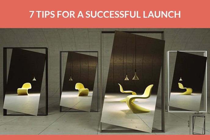 Marketing a product launch: 3D render of a yellow moulded chair repeated in a row of standing mirrors