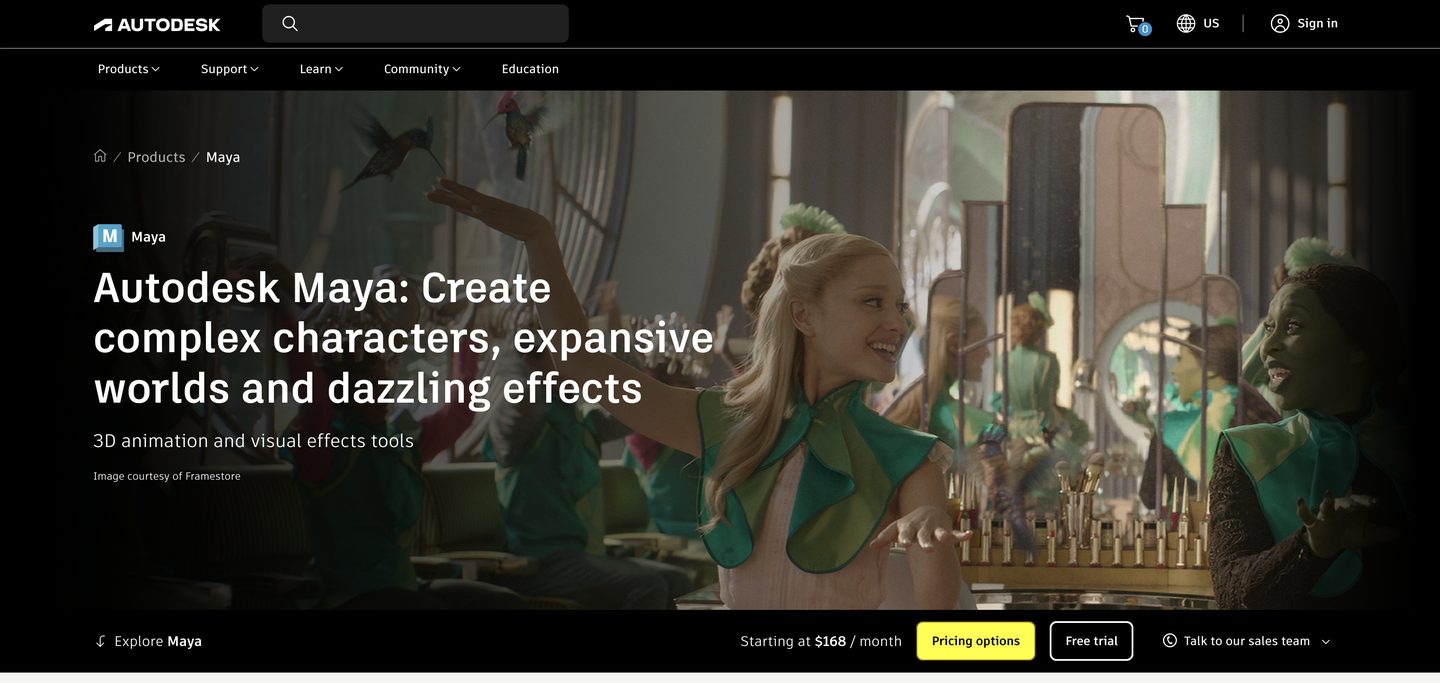 Autodesk Maya product page, 3D animation and visual effects software