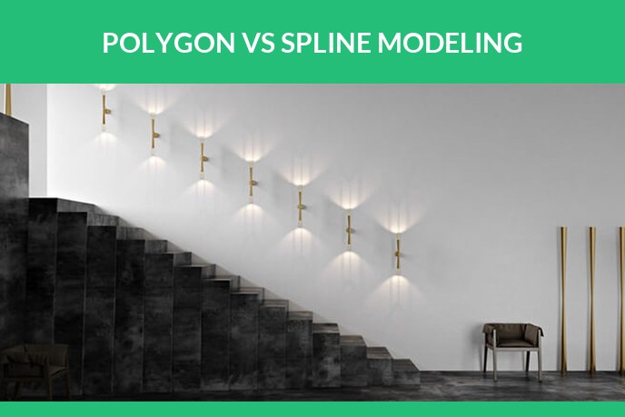 Polygon modeling: 3D render of a staircase with a row of wall lights along a white wall