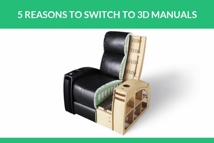 Product interactive 3D manuals: 3D render of a black leather recliner cut open to show the wooden frame inside