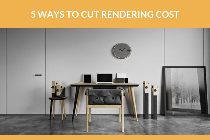 Product rendering cost: 3D render of a home office with a desk, chair and framed picture against a concrete wall