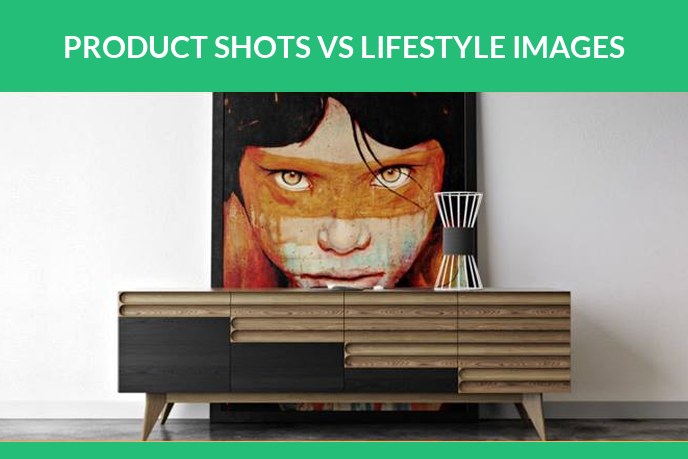 Product shots: 3D render of a dark wooden sideboard under a large portrait painting