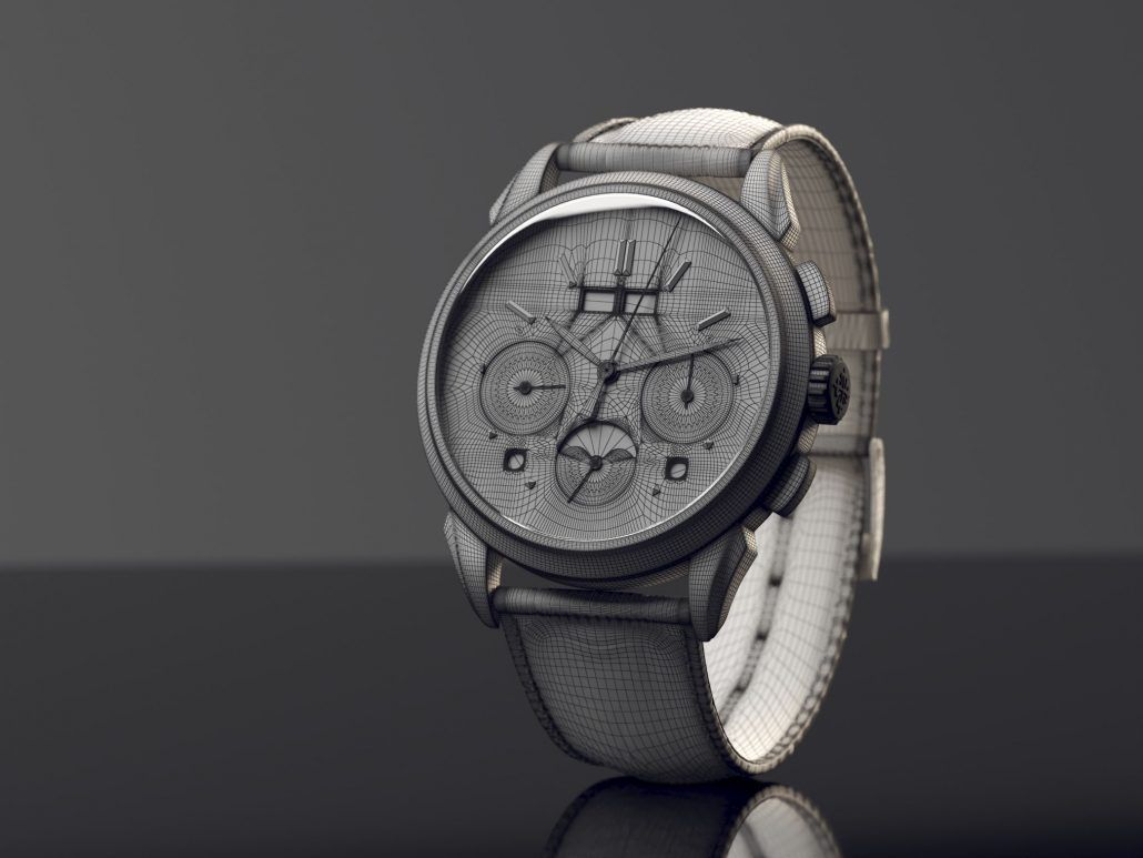 Grey 3D model of a chronograph watch shown as wireframe geometry before materials are applied