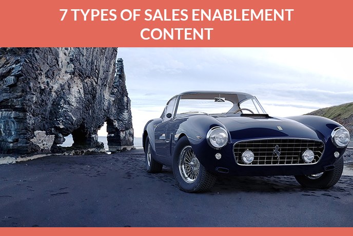 Sales enablement content: 3D render of a dark blue classic sports car parked on a black sand beach