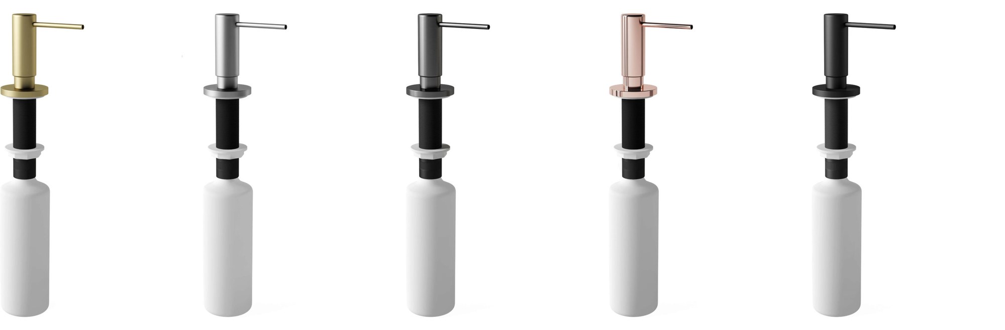 One digital twin in five colorways: soap dispenser 3D model in brass, steel, graphite, copper and black