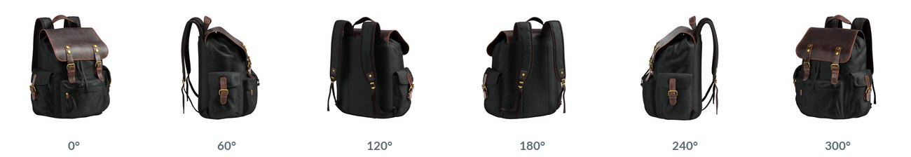 Six of the sixty rendered frames of a backpack spin, at sixty degree steps