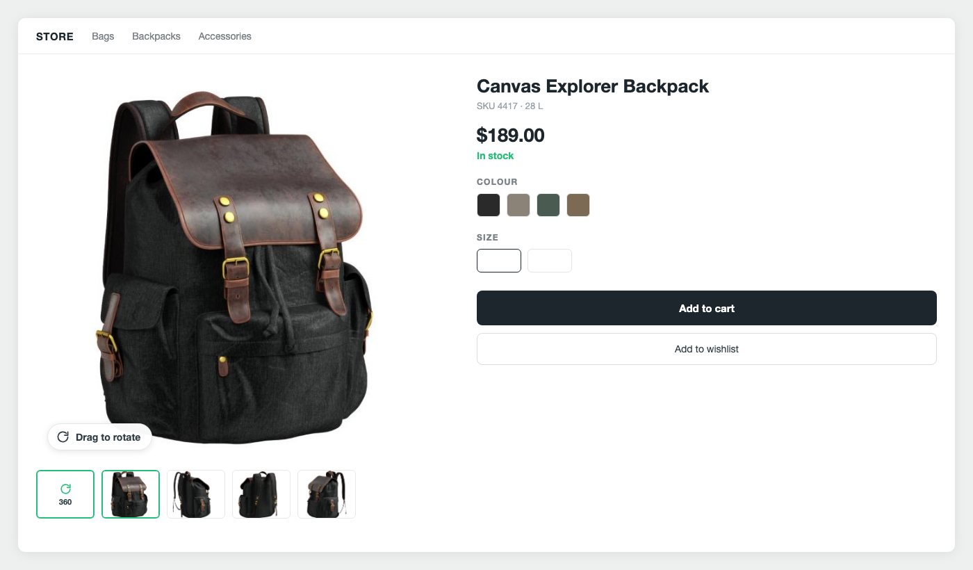 Product page layout showing where a 360 spin sits and the drag to rotate badge that triggers it