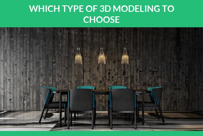 Types of 3D modeling: 3D render of a dining table with dark chairs under pendant lamps against a concrete wall