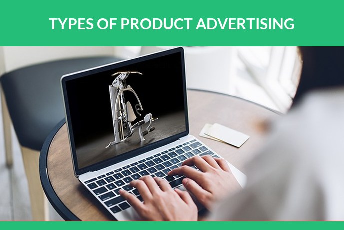 Types of product advertising: Person at a laptop showing a 3D render of an exercise bike on the screen